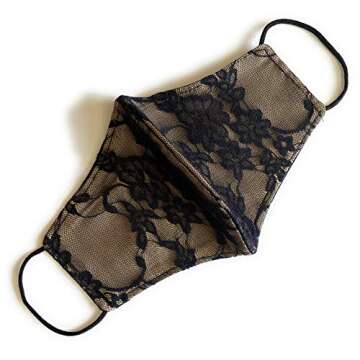 3 Pack Lace Face Mask for Weddings and Parties, Made in USA, Designer Cloth Face Covers, Double Layer Fabric, Pretty Reusable, Washable Face Cover (Black, Pink & Cream)