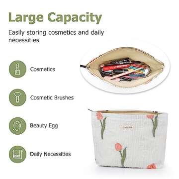 Sightor Aesthetic Makeup Bag, Large Capacity Cosmetic Bag Canvas Floral Makeup Bag, Travel Pouch Make Up Purse Toiletry Storge Bag for Women (White Tulip)