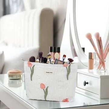 Sightor Aesthetic Makeup Bag, Large Capacity Cosmetic Bag Canvas Floral Makeup Bag, Travel Pouch Make Up Purse Toiletry Storge Bag for Women (White Tulip)