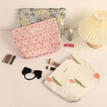 Sightor Aesthetic Makeup Bag, Large Capacity Cosmetic Bag Canvas Floral Makeup Bag, Travel Pouch Make Up Purse Toiletry Storge Bag for Women (White Tulip)