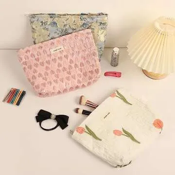 Sightor Aesthetic Makeup Bag, Large Capacity Cosmetic Bag Canvas Floral Makeup Bag, Travel Pouch Make Up Purse Toiletry Storge Bag for Women (White Tulip)