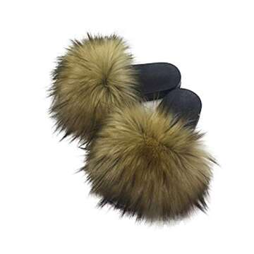 AuapTavw Women's Faux Fur Slides Slippers Fluffy Fuzzy Sandals Open Toe Furry Slide Flip Flop Indoor...