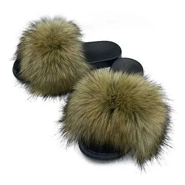 AuapTavw Women's Faux Fur Slides Slippers Fluffy Fuzzy Sandals Open Toe Furry Slide Flip Flop Indoor Outdoor