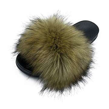 AuapTavw Women's Faux Fur Slides Slippers Fluffy Fuzzy Sandals Open Toe Furry Slide Flip Flop Indoor Outdoor