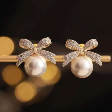 Pearl Bow Earrings for Women Rhinestone Bow Stud Earrings Bowknot Earrings Jewelry
