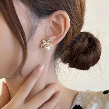 Pearl Bow Earrings for Women Rhinestone Bow Stud Earrings Bowknot Earrings Jewelry