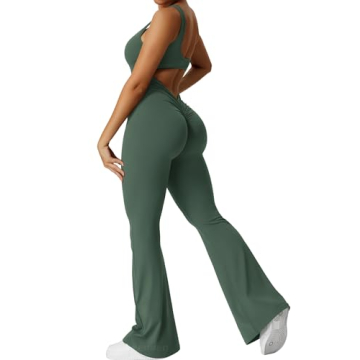 YEOREO Women Workout Flare Jumpsuits Sleeveless Backless Scrunch Butt V Back Gym Yoga Jumpsuit Basil...