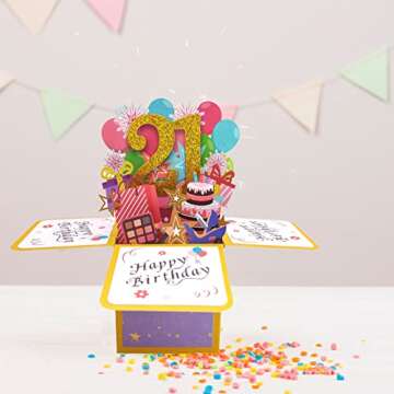 Asmallgf Shiny 21st Birthday Pop Up Card for Him Her, Beautiful Birthday Gifts for 21 Years Old Female Male, Sweet Twenty-one Bday 3D Card for Men Women, Unique 21 Birthday Gift Idea for Daughter Son