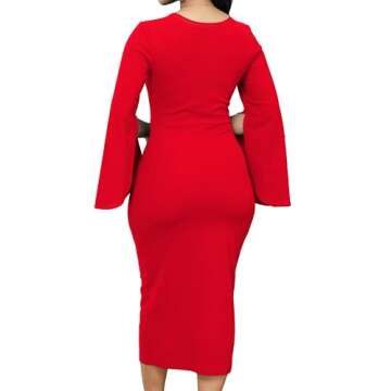 CuteCherry Women Work Dress Church Dresses Bodycon Bell Long Sleeve Round Neck Business Red Pencil D...