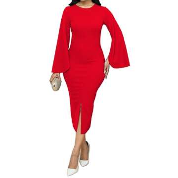 CuteCherry Women Work Dress Church Dresses Bodycon Bell Long Sleeve Round Neck Business Red Pencil Dresses