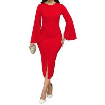 CuteCherry Women Work Dress Church Dresses Bodycon Bell Long Sleeve Round Neck Business Red Pencil Dresses