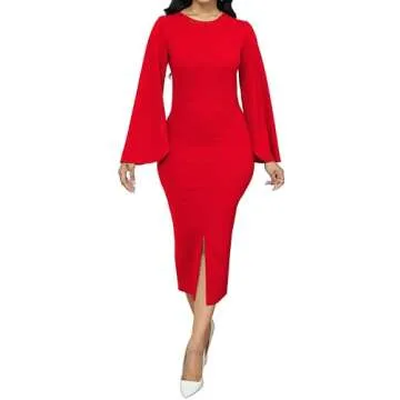 CuteCherry Women Work Dress Church Dresses Bodycon Bell Long Sleeve Round Neck Business Red Pencil Dresses