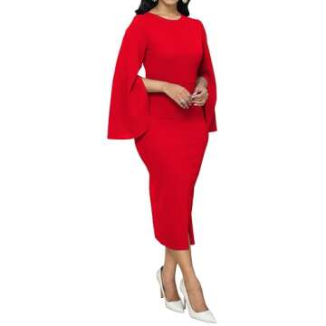 CuteCherry Women Work Dress Church Dresses Bodycon Bell Long Sleeve Round Neck Business Red Pencil Dresses