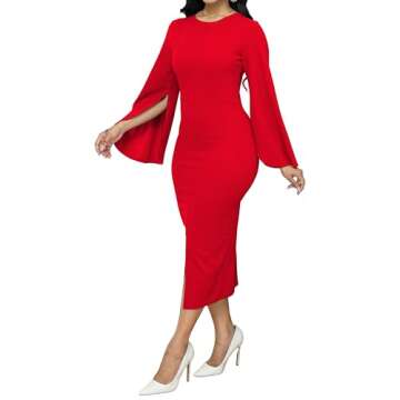 CuteCherry Women Work Dress Church Dresses Bodycon Bell Long Sleeve Round Neck Business Red Pencil Dresses