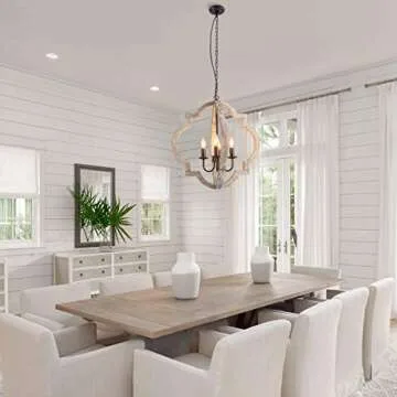 Farmhouse Wood Chandelier 22" Rustic Orb Chandelier Ceiling Pendant Light for Dining Room 4-Light Candle Pendant Light with Chain for Foyer Entryway Bedroom Kitchen Island