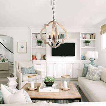 Farmhouse Wood Chandelier 22" Rustic Orb Chandelier Ceiling Pendant Light for Dining Room 4-Light Candle Pendant Light with Chain for Foyer Entryway Bedroom Kitchen Island