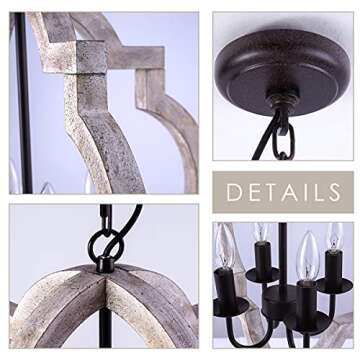 Farmhouse Wood Chandelier 22" Rustic Orb Chandelier Ceiling Pendant Light for Dining Room 4-Light Candle Pendant Light with Chain for Foyer Entryway Bedroom Kitchen Island