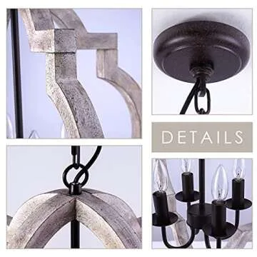 Farmhouse Wood Chandelier 22" Rustic Orb Chandelier Ceiling Pendant Light for Dining Room 4-Light Candle Pendant Light with Chain for Foyer Entryway Bedroom Kitchen Island