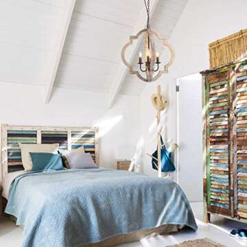 Farmhouse Wood Chandelier 22" Rustic Orb Chandelier Ceiling Pendant Light for Dining Room 4-Light Candle Pendant Light with Chain for Foyer Entryway Bedroom Kitchen Island