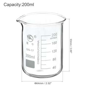 PATIKIL 200ml Low Form Glass Beaker, 2 Pack 3.3 Borosilicate Glass Graduated Printed Scale Measuring...