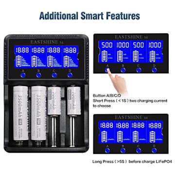 Universal Smart Battery Charger 4 Slots for Rechargeable Batteries 1.2V Ni-MH Ni-Cd AA AAA C 3.2V LiFePO4 3.7V Li-ion IMR 18650 26650 25500 16340 14500 18500 10440 18350 RCR123A LCD Display UL Listed