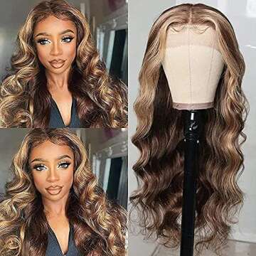 UNICE Ombre Highlight 13x4 Lace Front Human Hair Wig 180% Density Body Wave Brown Blonde #TL412 Color, Brazilian Remy Hair Lace Frontal Wig Pre Plucked with Baby Hair for Women 24inch