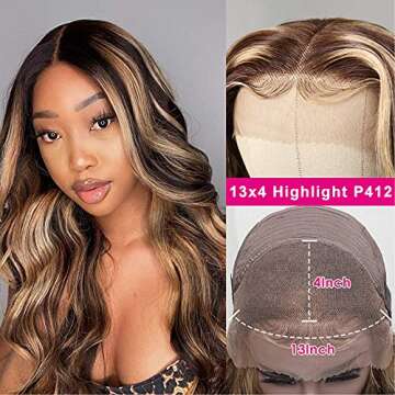 UNICE Ombre Highlight 13x4 Lace Front Human Hair Wig 180% Density Body Wave Brown Blonde #TL412 Color, Brazilian Remy Hair Lace Frontal Wig Pre Plucked with Baby Hair for Women 24inch