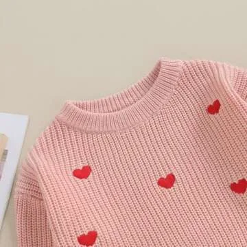 Baby Girl Valentines Day Outfit Love Heart Sweet Long Sleeve Sweater Tshirt Crewneck Tops Fall Winter Clothes (A-Pink, 12-18 Months)