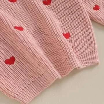 Baby Girl Valentines Day Outfit Love Heart Sweet Long Sleeve Sweater Tshirt Crewneck Tops Fall Winter Clothes (A-Pink, 12-18 Months)
