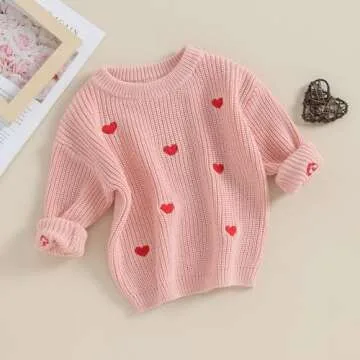 Baby Girl Valentines Day Outfit Love Heart Sweet Long Sleeve Sweater Tshirt Crewneck Tops Fall Winter Clothes (A-Pink, 12-18 Months)