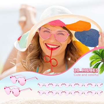 Flutesan 30 Pairs Heart Shaped Sunglasses Bulk Rimless Heart Sunglasses Candy Color Eyewear for Women Men Bachelorette Party(Pink)