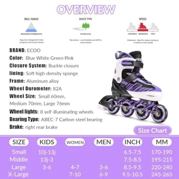 ECOO Adjustable Inline Skates for Kids with Light-Up Wheels