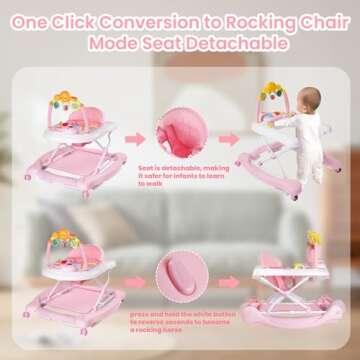 Boyro Baby 5-in-1 Baby Walker, Baby Walkers for Boys Girls 6-12 Months, Foldable Activity Walker, Toddler Infant Walker with Bouncer, Adjustable Height, Removable Footrest, Feeding Tray, Music