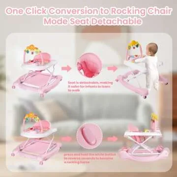 Boyro Baby 5-in-1 Baby Walker, Baby Walkers for Boys Girls 6-12 Months, Foldable Activity Walker, Toddler Infant Walker with Bouncer, Adjustable Height, Removable Footrest, Feeding Tray, Music