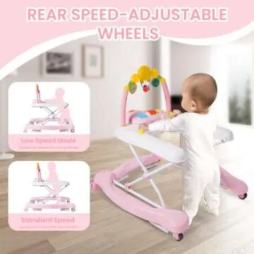 Boyro Baby 5-in-1 Baby Walker, Baby Walkers for Boys Girls 6-12 Months, Foldable Activity Walker, Toddler Infant Walker with Bouncer, Adjustable Height, Removable Footrest, Feeding Tray, Music
