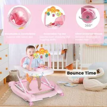 Boyro Baby 5-in-1 Baby Walker, Baby Walkers for Boys Girls 6-12 Months, Foldable Activity Walker, Toddler Infant Walker with Bouncer, Adjustable Height, Removable Footrest, Feeding Tray, Music