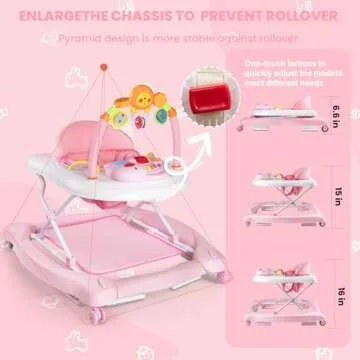 Boyro Baby 5-in-1 Baby Walker, Baby Walkers for Boys Girls 6-12 Months, Foldable Activity Walker, Toddler Infant Walker with Bouncer, Adjustable Height, Removable Footrest, Feeding Tray, Music