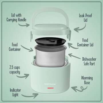 Nostalgia Portable 20-Ounce Electric Heated Lunch Box – Travel Size 2.5 Cup Capacity for Soup, Chili, and Leftovers – Leak Proof Silicone Sealed Lid, Foldable Carry Handle, Detachable Cord – Sage