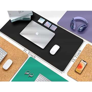 Aothia Office Desk Pad, Natural Cork & PU Leather Dual Side Large Mouse Pad, Laptop Desk Table Prote...