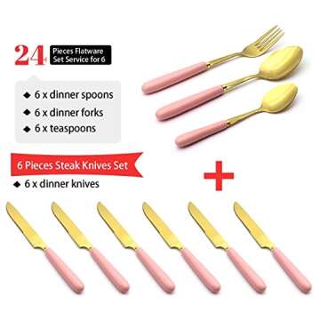 Caliamary Gold Silverware Set, 24 Pieces Flatware Set with Silverware Holder, Stainless Steel Knives Forks Spoons Cutlery Set Service for 6, Kitchen Utensil Tableware Set with Pink Handle…