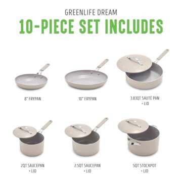 GreenLife Dream 10-Piece Ceramic Nonstick Cookware Set, Pots Frying & Sauce Pans, PFAS-Free & PFOA-Free, Dishwasher & Oven Safe, Stay-Cool Handles, Durable Aluminum Body, Versatile Cooking, Taupe