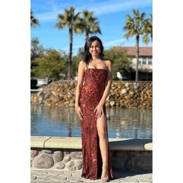 Women's Mermaid Sequin Prom Dresses with Slit Sparkly Spaghetti Straps Long Evening Dress Corset Formal Gown