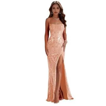 Women's Mermaid Sequin Prom Dresses with Slit Sparkly Spaghetti Straps Long Evening Dress Corset Formal Gown