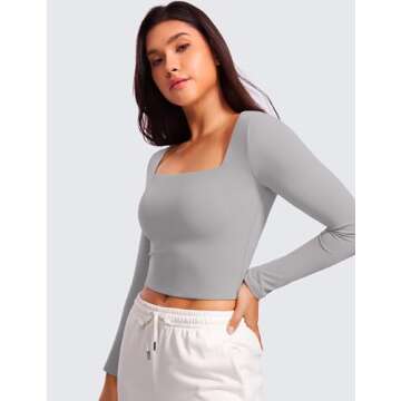 CRZ YOGA Womens Butterluxe Double Lined Long Sleeve Crop Top Square Neck Workout Athletic Casual Cro...