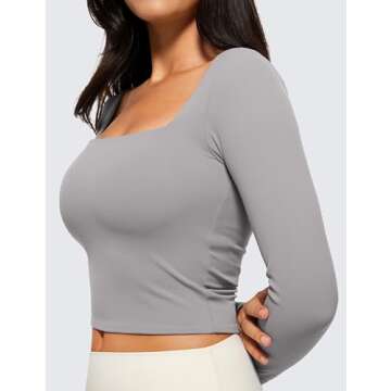 CRZ YOGA Womens Butterluxe Double Lined Long Sleeve Crop Top Square Neck Workout Athletic Casual Cropped Fitted Basic Shirts Gull Gray Medium