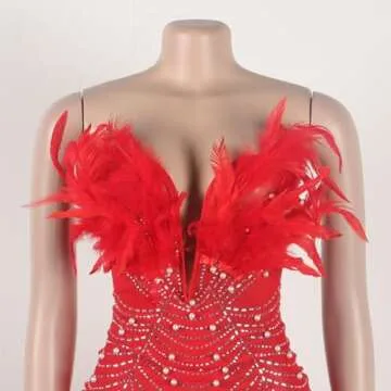 LROSEY Sexy Birthday Dresses for Curvy Women Bodycon Sparkly Rhinestone Feather Mini Dress for Party Club Date Night Red