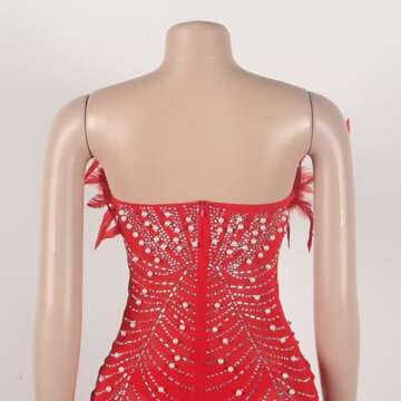 LROSEY Sexy Birthday Dresses for Curvy Women Bodycon Sparkly Rhinestone Feather Mini Dress for Party Club Date Night Red