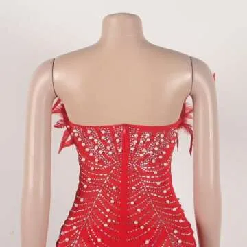 LROSEY Sexy Birthday Dresses for Curvy Women Bodycon Sparkly Rhinestone Feather Mini Dress for Party Club Date Night Red