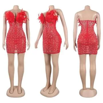 LROSEY Sexy Birthday Dresses for Curvy Women Bodycon Sparkly Rhinestone Feather Mini Dress for Party Club Date Night Red