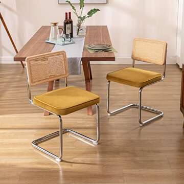 Zesthouse Natural Rattan Dining Chairs Set of 2, Stylish Mid Century Upholstered Velvet Chairs for D...